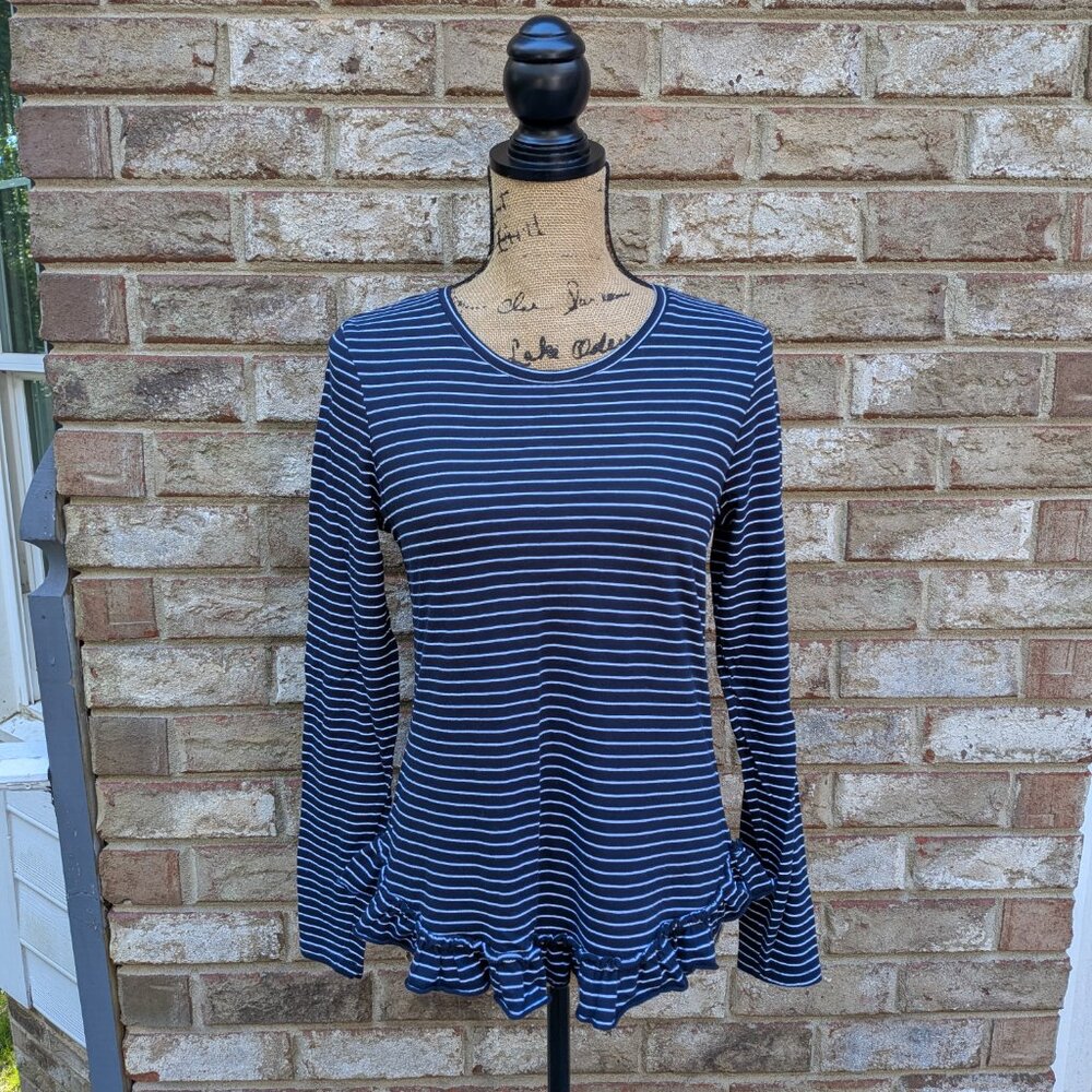 ⭐ Banana Republic Designer Tee Women's Size Small Navy Striped Ruffle Hem Top